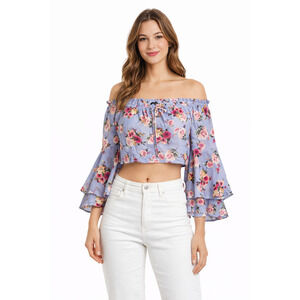 Blashe Floral Bell Sleeve Off Shoulder Fairy Crop Top Womens M Purple Chiffon